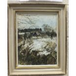 •Olwyn Bowey RA (b. 1936) ROUGH SHOOTING IN SNOW Signed oil on board, with initials, 32.5 x 24cm.
