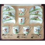 A Royal Worcester cabinet coffee service, hand-painted with hunting scenes, signed J Hendry, puce