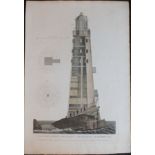 A hand-coloured engraving, No.6, South Elevation & Section of Rudyerd's Lighthouse Completed in