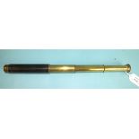 A three-draw brass telescope with leather-covered grip, marked Denhill Venus 18x, 44cm extended
