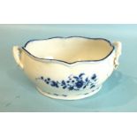 A late-18th century Worcester blue and white oval two-handled bowl, with twig handles and applied