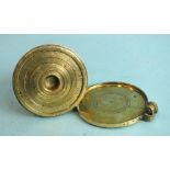 A set of seven nesting brass weights, including lid, catch and hinge damaged, calibrated ¼ - 16oz,
