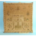 A Victorian needlework sampler decorated with royal cipher, prayer, vases of flowers, animals,