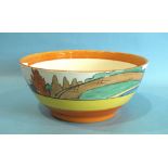 A Clarice Cliff Fantasque Bizarre bowl decorated in the Orange Roof Cottage Landscape pattern, (