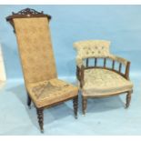 A Victorian rosewood prie dieu chair raised on spiral twist front legs on castors, frame in need