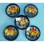 Five modern Moorcroft circular pin dishes decorated with the 'Reeds at Sunset' pattern, 11.7cm
