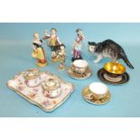 A Dresden porcelain inkstand, two German miniature cabinet cups and saucers and other items.