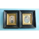 A pair of 19th century miniature portraits, a lady and gentleman, 8 x 6.2cm oval, in gilt and