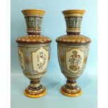 A pair of 19th century Mettlach stoneware baluster-shaped vases, with incised raised decoration