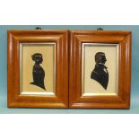 A pair of mid-19th century cut silhouettes embellished with white and bronze, in rectangular maple