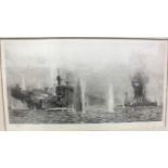 William Lionel Wyllie (1851-1931) "Warspite And Warrior At Jutland". Etching, signed in pencil in