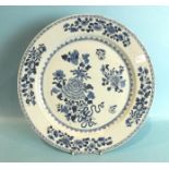 A large 18th century Chinese blue and white dish with floral decoration, 37.5cm, (slight rim