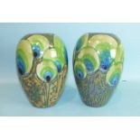 Alan White, a pair of studio pottery baluster-shaped vases with stylised peacock feather