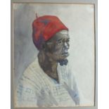 M F, 20th Century BELA, STUDY OF A MOROCCAN MAN WEARING A RED HAT Watercolour signed with