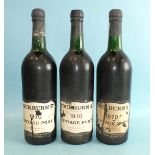 Three bottles of Cockburns vintage Port, 1970, one capsule perforated, no visible seepage, levels