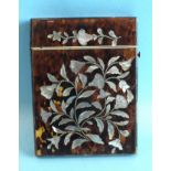 A Victorian tortoiseshell and mother-of-pearl-inlaid card case of foliate design, 10 x 8cm.