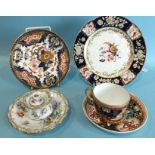 A Crown Derby Imari pattern plate, a similar cup and saucer, a floral side plate and a Dresden