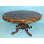 A Victorian rosewood oval breakfast table, the tilt top with well-matched veneers, on carved short