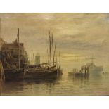 Alfred Montague (c1832-1883) HERRING BOATS, SHIELDS HARBOUR, SUNRISE Signed oil on canvas, dated