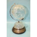 A Waterford glass and chrome terrestrial globe on turned wood stand, with silver presentation