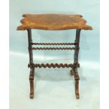 A Victorian walnut and marquetry occasional table, the end supports joined by twist stretchers, 56cm