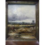 19th Century English School FIGURES ON A PATH WITH WINDMILL IN THE DISTANCE Unsigned oil on board,