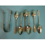A set of six Victorian fiddle pattern teaspoons and matching sugar tongs, London 1874, ___6½oz.
