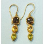A pair of 9ct gold peridot, citrine and smoky quartz pendant earrings, 38mm long, 3.2g.