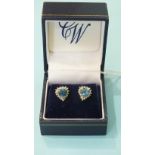 A pair of blue topaz and diamond heart-shaped cluster earrings, with 9ct gold mounts, 2.6g, (