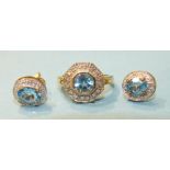 A 9ct gold ring set blue topaz and diamond point octagonal cluster ring, size J and a pair of
