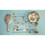 A Continental silver miniature dressing table mirror, various foreign silver teaspoons, a Copenhagen