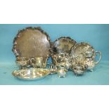 Three plated salvers, an EPBM tea service and other metalware.