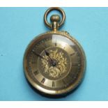 A lady's Continental 18k-gold-cased keyless open-face pocket watch with floral-engraved gilt dial