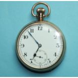 A 9ct gold-cased keyless open-face pocket watch, the white enamel dial with Arabic numerals and