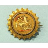 An unmarked swivel brooch with enamelled and pinned half-sovereign, 30mm diameter, 6.5g.