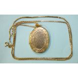 A modern 9ct gold oval locket pendant on 9ct gold box-link chain, 59.5cm long, gross weight 17.9g.