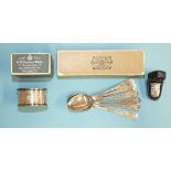A set of six silver teaspoons with inscription, Sheffield 1913, a cased silver thimble and a