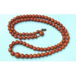 A red coral necklace of graduated spherical beads, with concealed clasp, 55cm long, largest bead