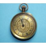 A lady's Continental open-face keyless pocket watch, the gilt face with Roman numerals and floral