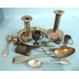 A silver bowl rim, two damaged loaded short candlesticks and other scrap silver, approximately