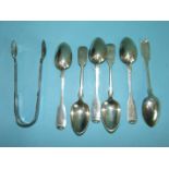 Two Old English pattern tablespoons and five dessert spoons, various mid-20th century dates,