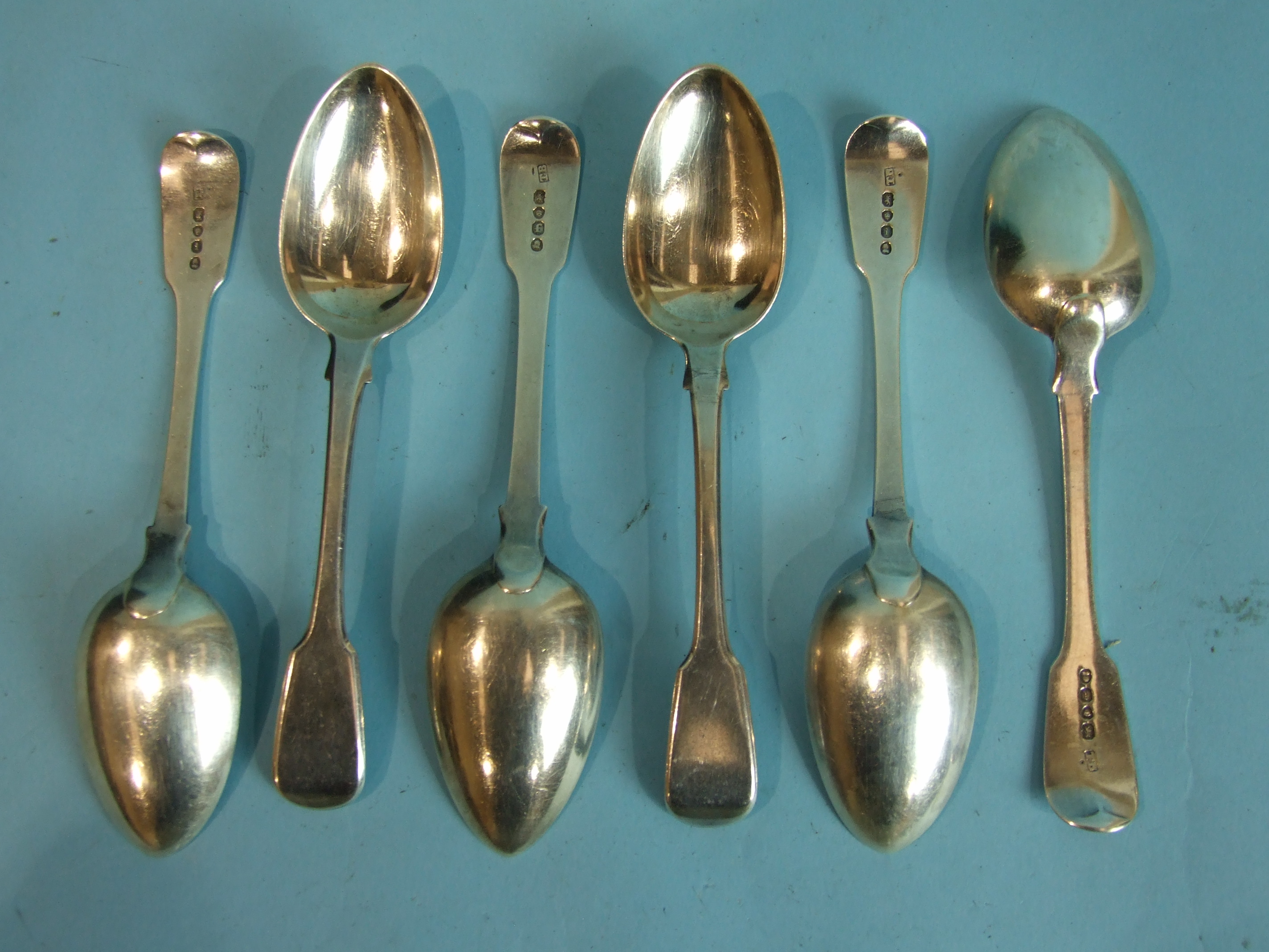 A set of six fiddle pattern dessert spoons, London 1824, maker TB, ___9½oz. - Image 2 of 2