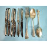 A Georgian Old English pattern table fork, London 1808, a pair of dessert spoons, London 1912 and