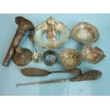 Three late-Victorian pierced sweetmeat dishes, a baluster-shaped pepperette and miscellaneous silver