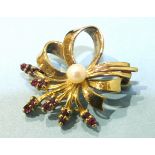 A 9ct gold spray brooch set cultured pearl and twelve small round-cut rubies, 26mm x 30mm, 5g.