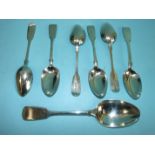 A set of six Victorian fiddle pattern dessert spoons, London 1864 and an Exeter tablespoon, 1843, by