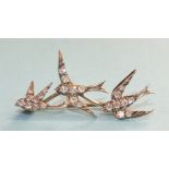 A late-Victorian diamond brooch in the form of three swallows, each set old brilliant-cut and 8/8-