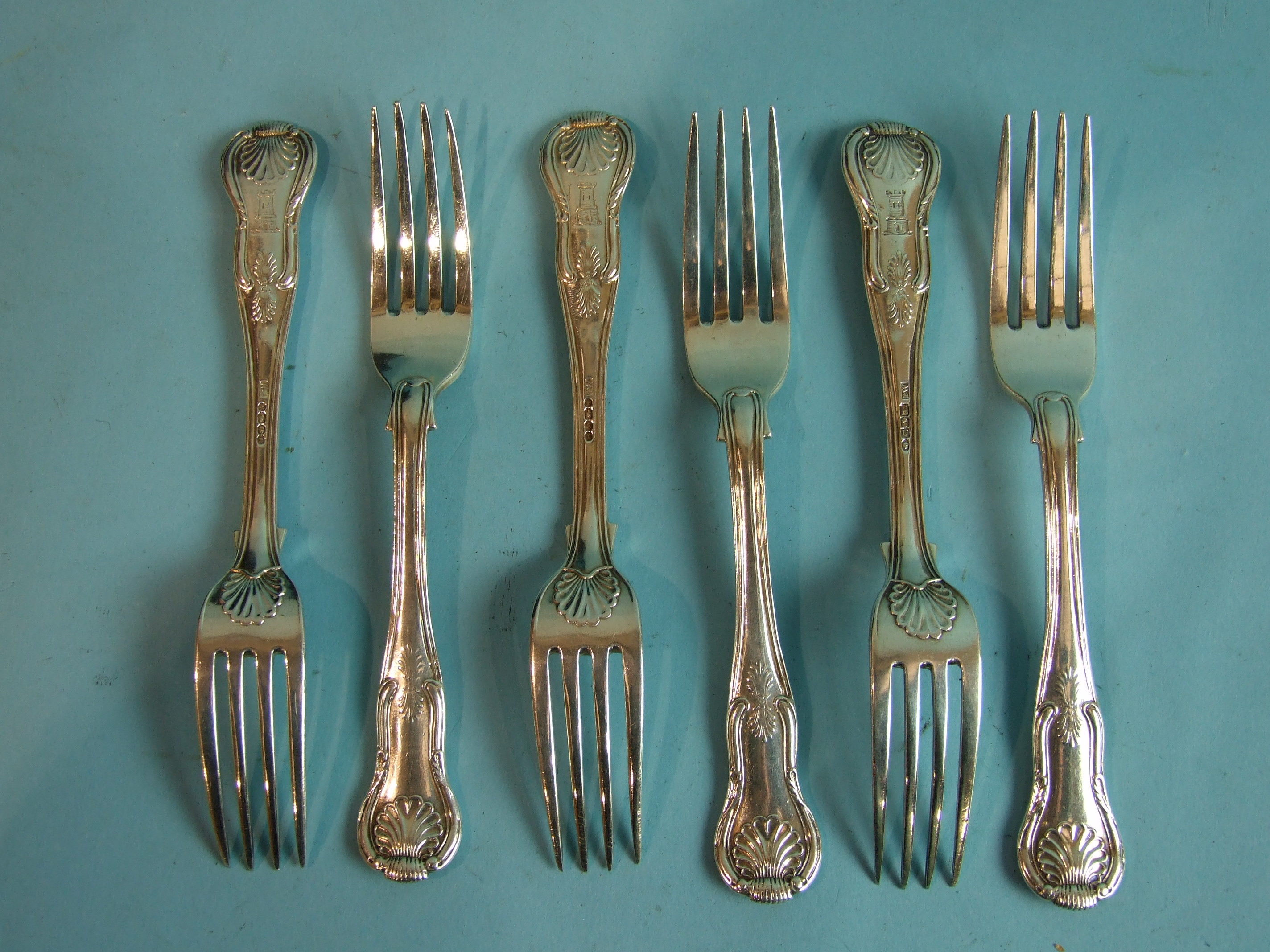 A set of six Irish king's pattern dessert forks, Dublin 1839, maker Philip Weekes, with castle - Image 2 of 2