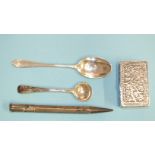 A Sampson Mordan & Co. silver propelling pencil, an Indian white metal snuff box and two small