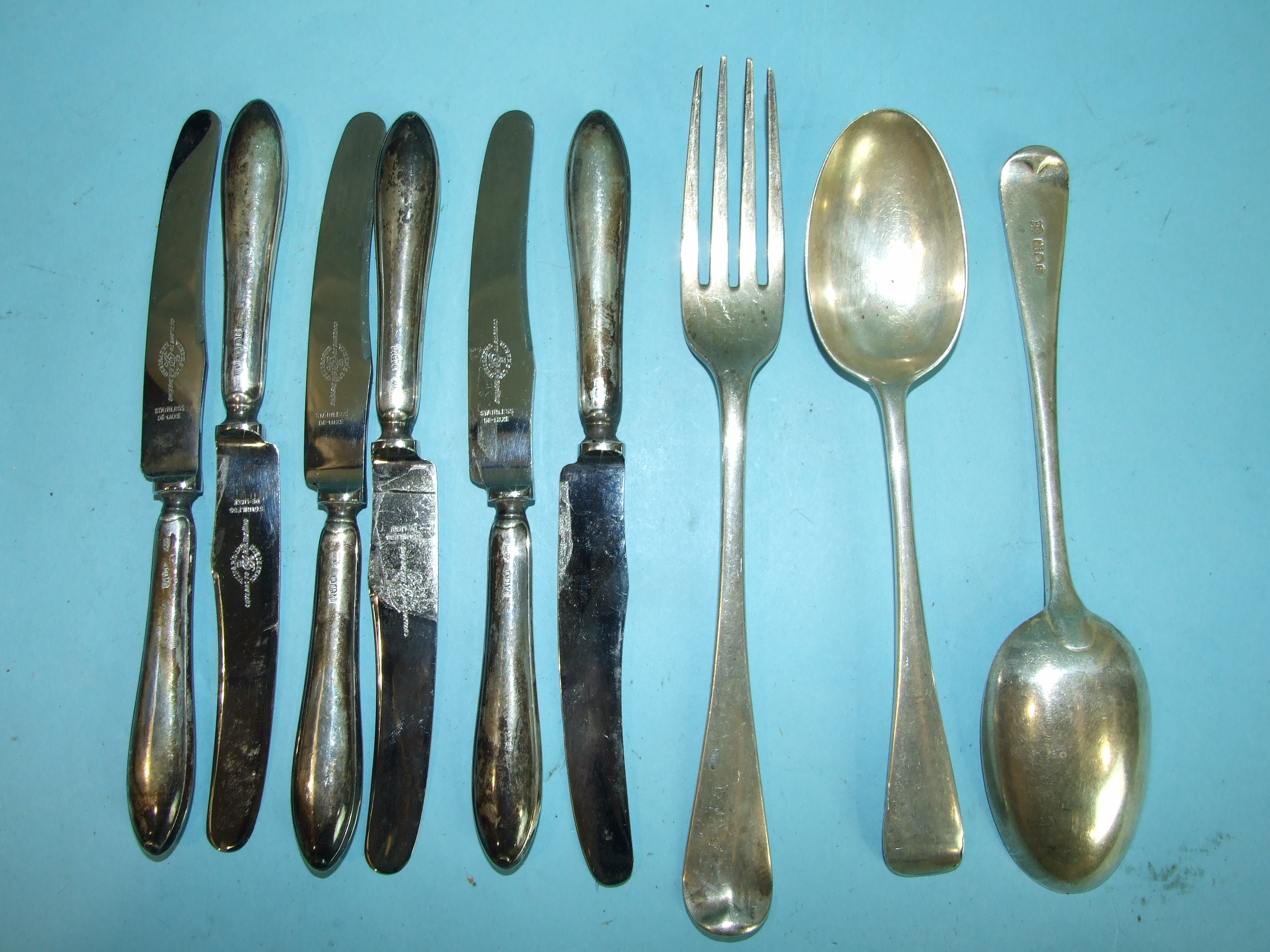 A Georgian Old English pattern table fork, London 1808, a pair of dessert spoons, London 1912 and - Image 2 of 2